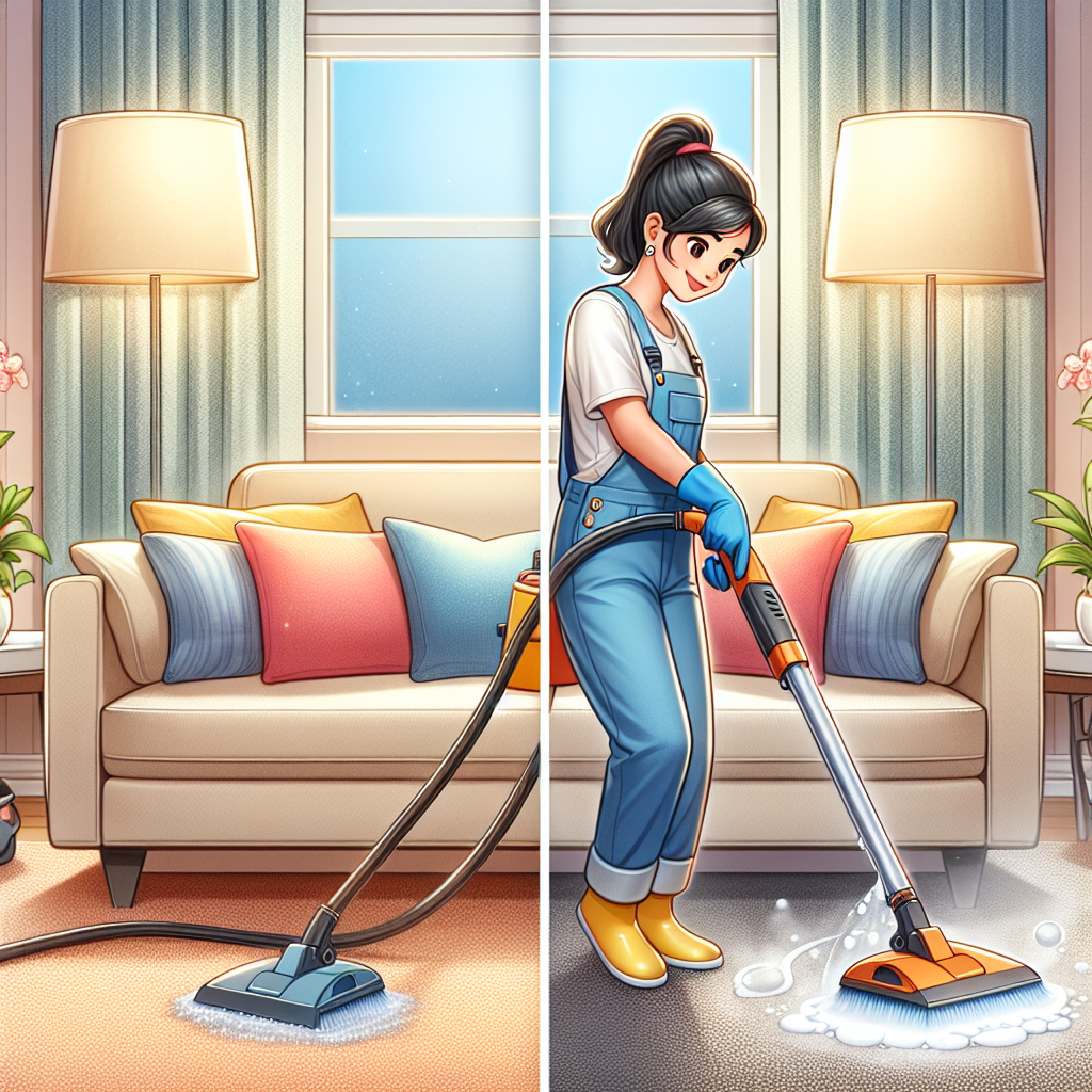 A professional cleaner using equipment for carpet and upholstery cleaning in a home.