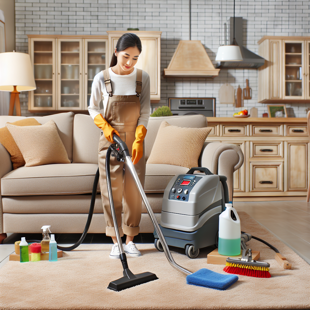 Professional carpet and upholstery cleaning scene in a cozy living room.