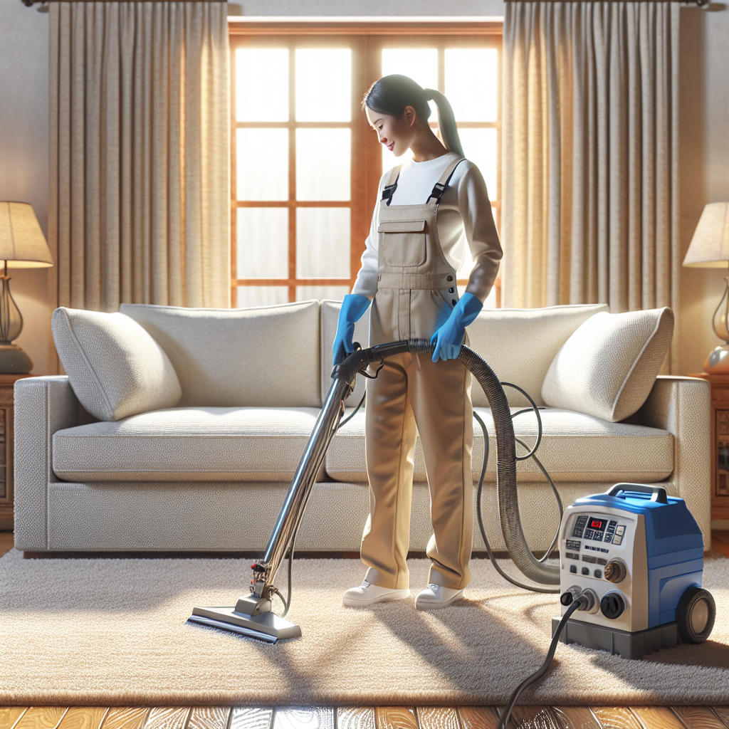 Realistic image of professional carpet and upholstery cleaning in a living room.