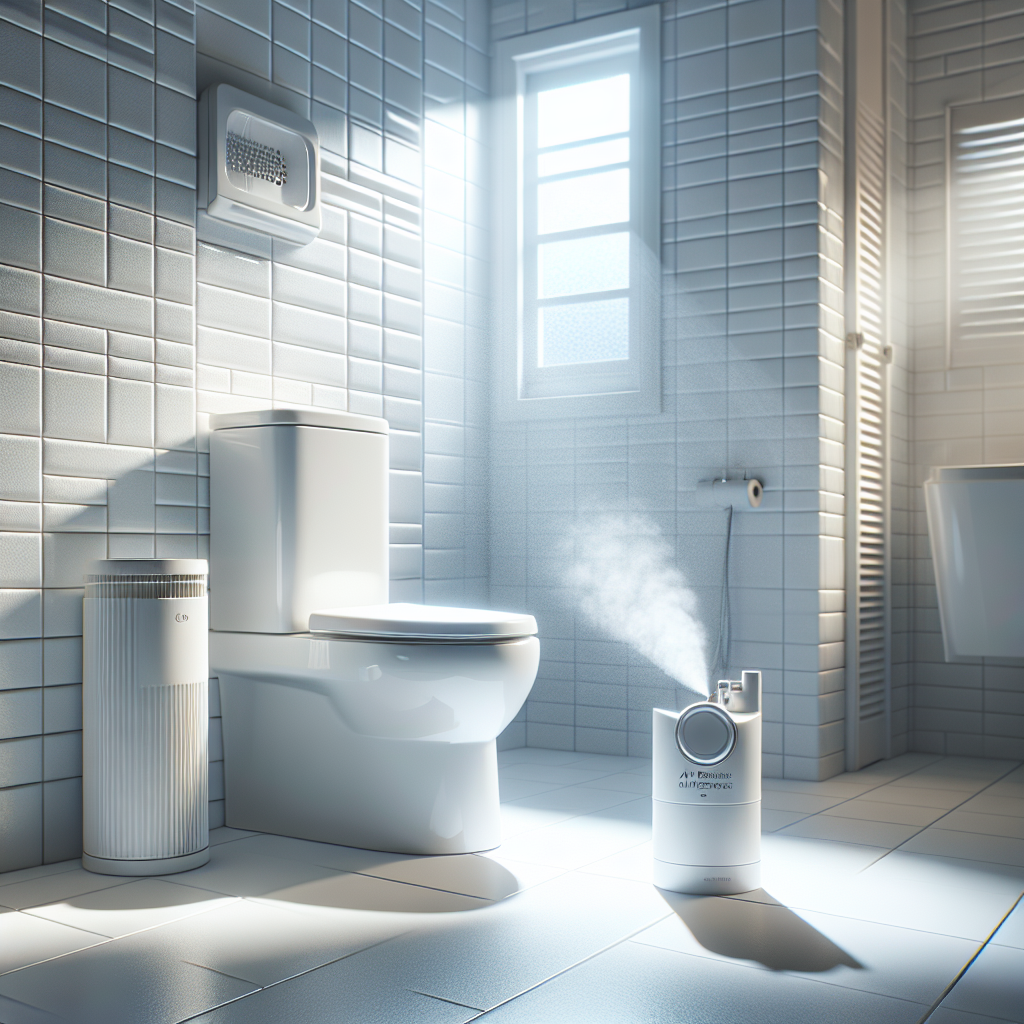 A realistic bathroom scene with a toilet and an air freshener removing odour.