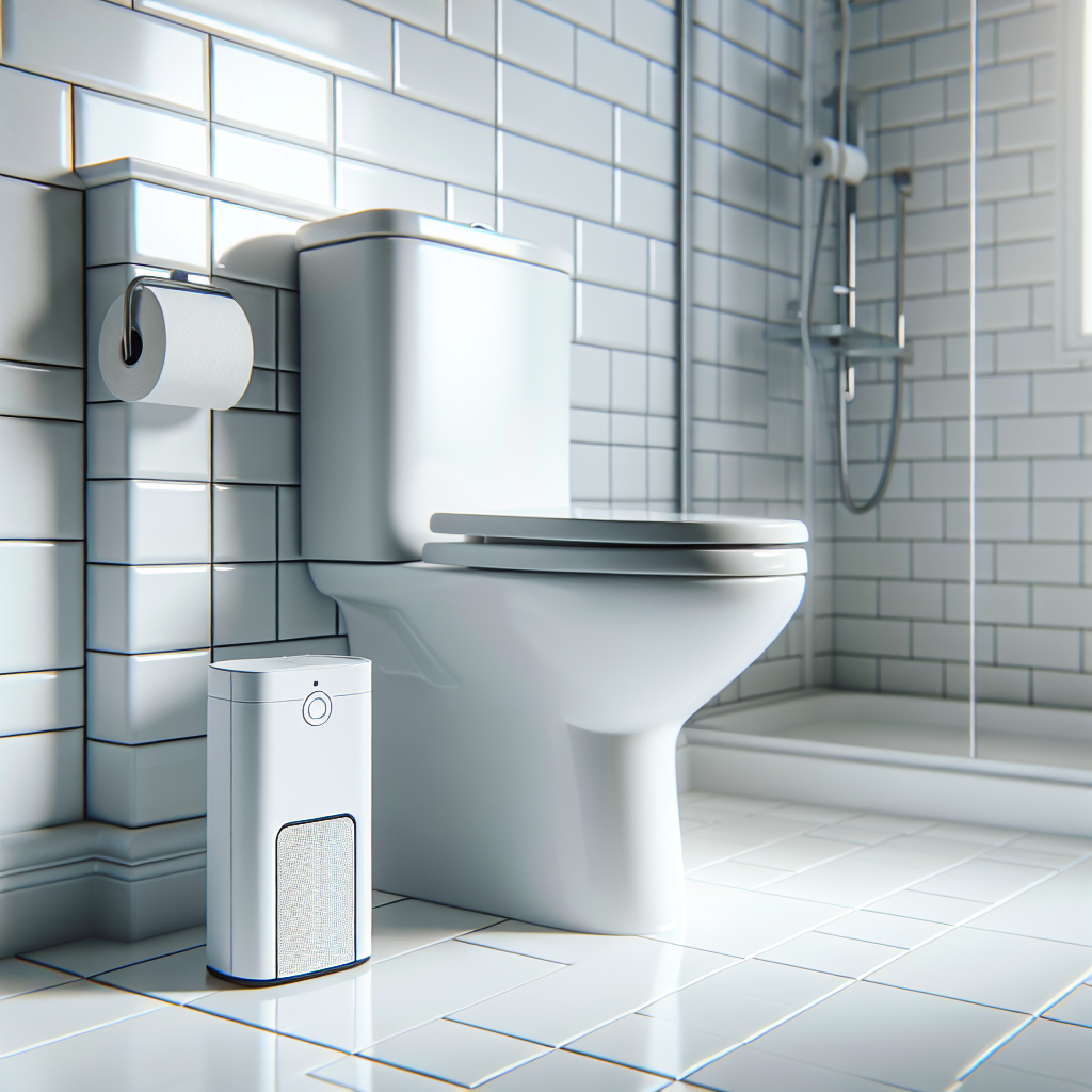 A clean, modern bathroom with a toilet and an odor removal device.