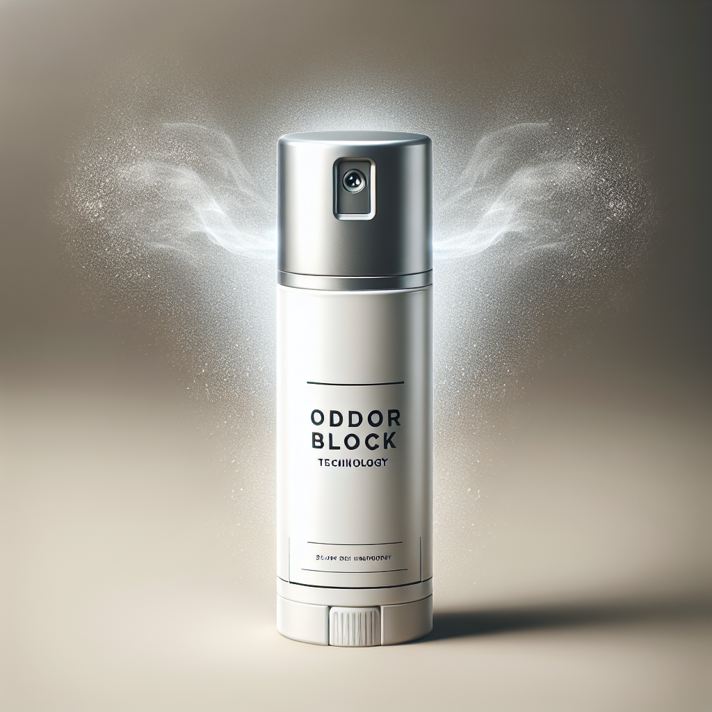 Realistic image of a deodorant spray bottle with 'Odor Block Technology' branding.