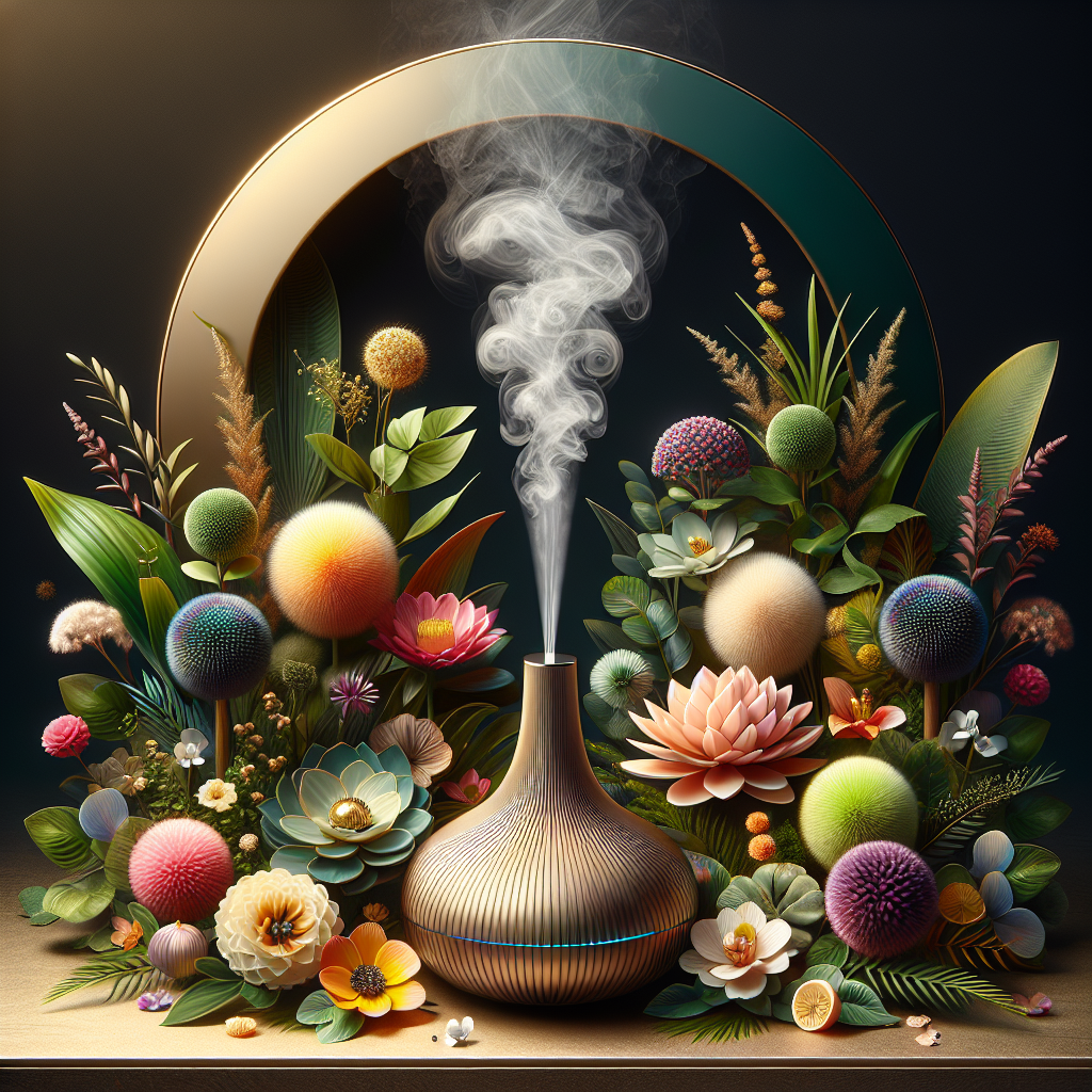 A realistic depiction of an aroma diffuser surrounded by flowers.