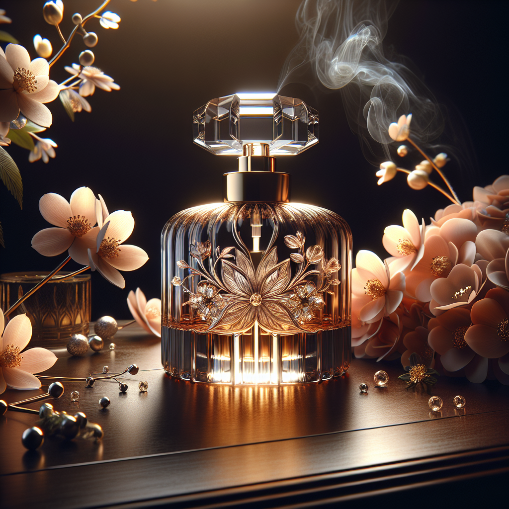 A realistic image of an elegant glass perfume bottle on a vanity table surrounded by flowers and aromatic wisps.