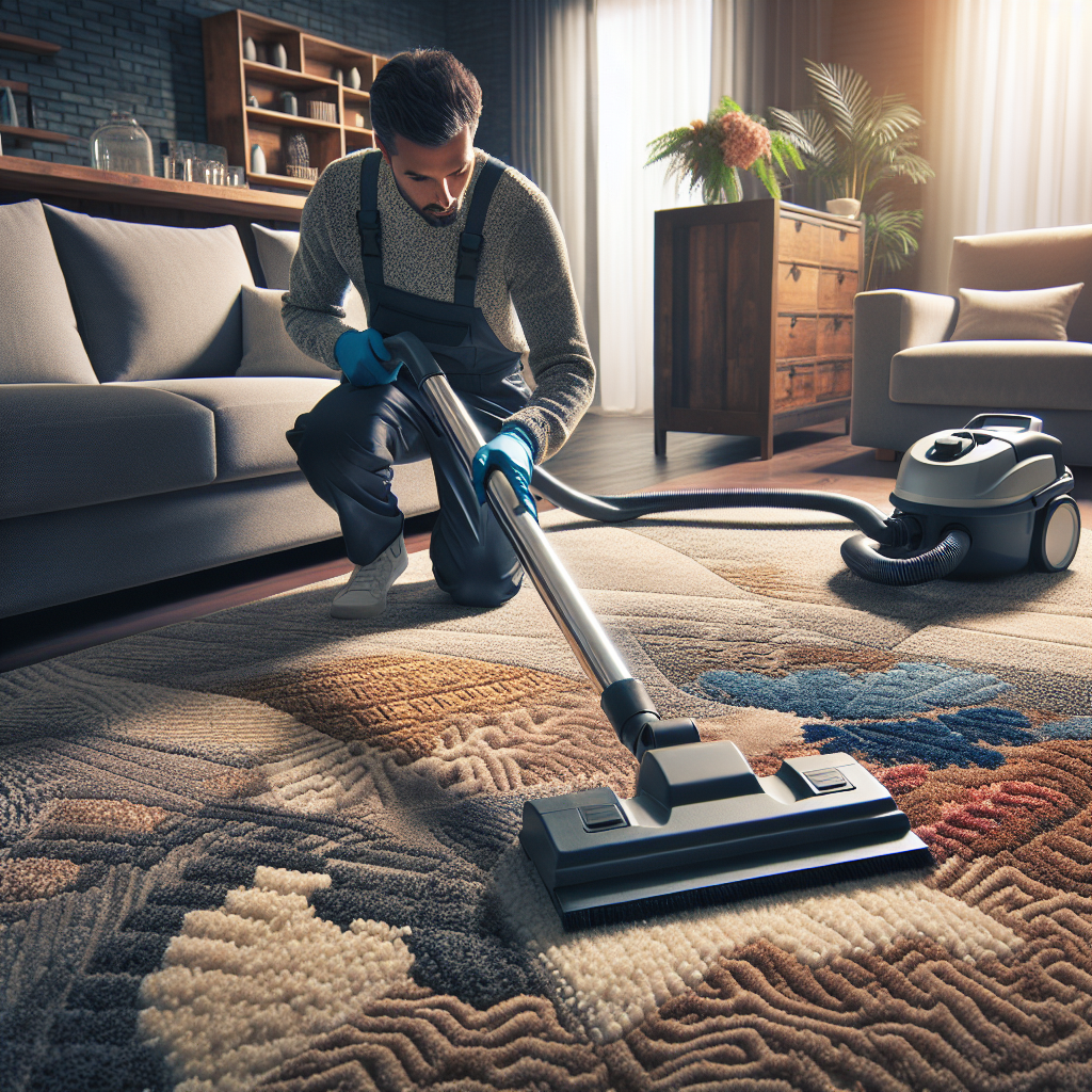 Deep carpet cleaning in a modern living room, showing a professional cleaner and vacuum cleaner attachment.