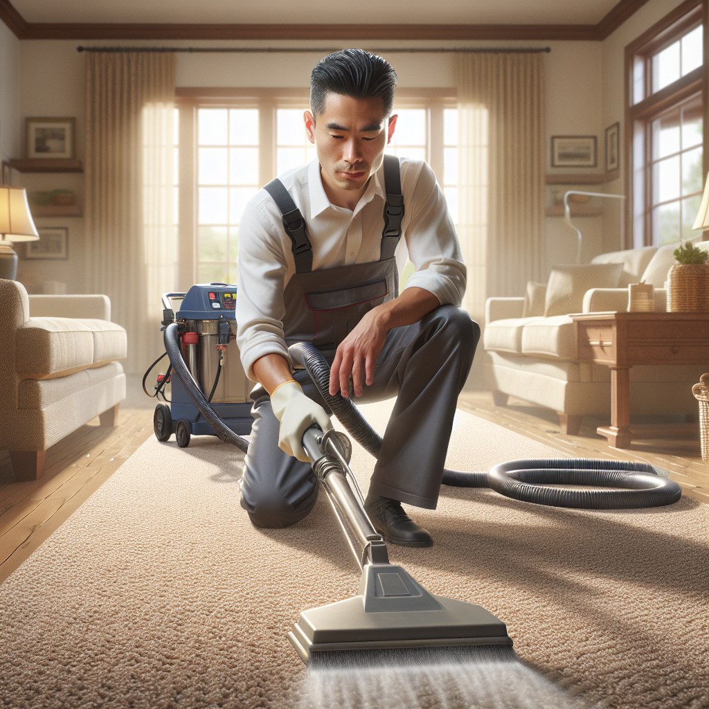 A professional cleaner using advanced equipment to clean a carpet, showcasing the before and after difference in a warm, naturally lit household setting.