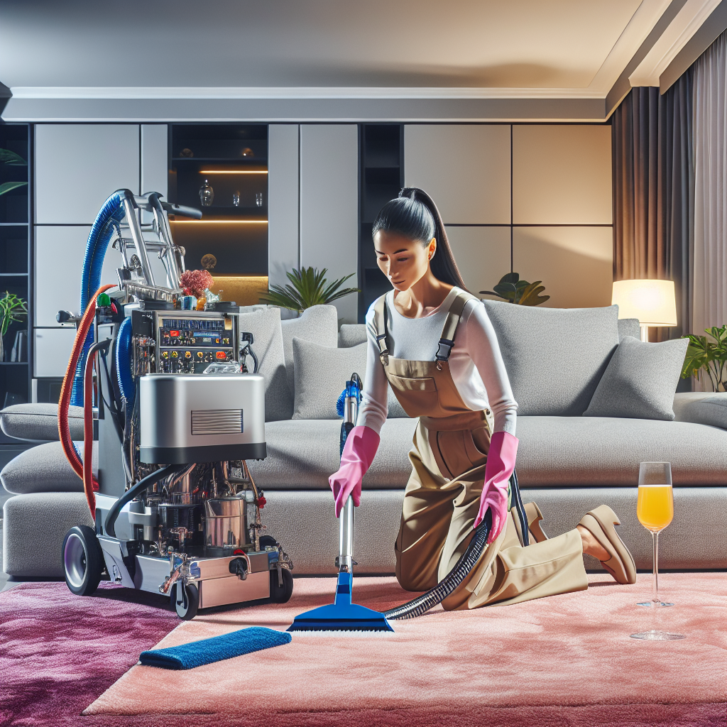 A modern living room with a technician deep-cleaning a luxurious carpet using professional equipment.