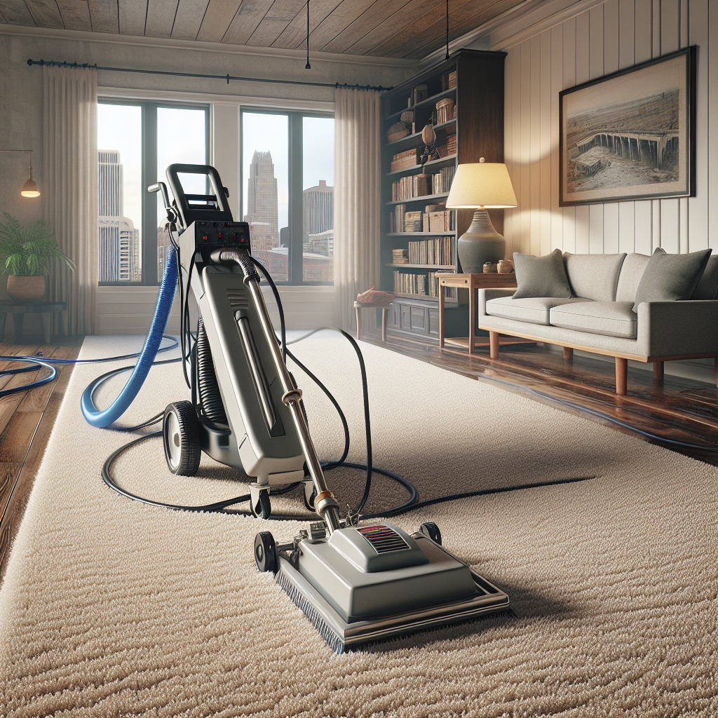 A realistic depiction of professional carpet cleaning in Omaha with spotless carpet and cleaning machine.