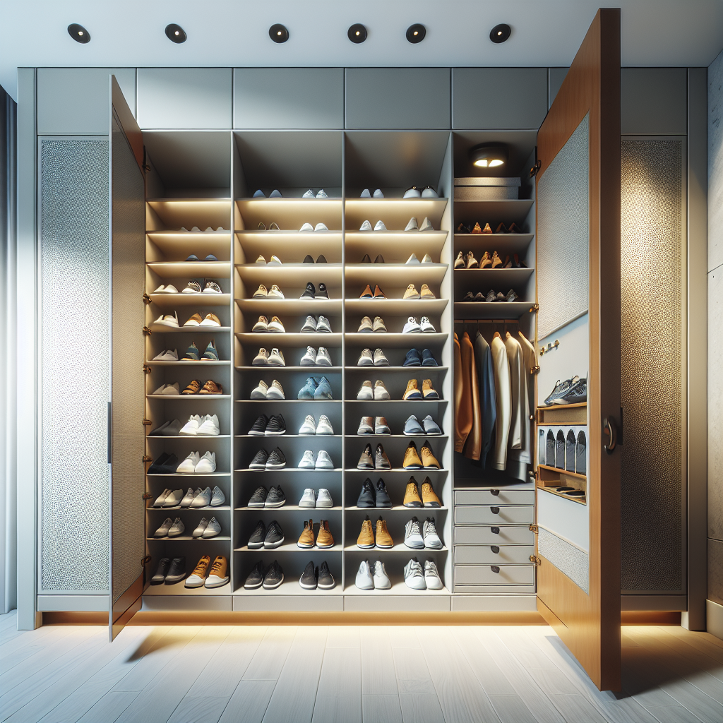 A modern shoe cabinet with open doors, displaying neatly arranged shoes and subtle odor prevention elements.