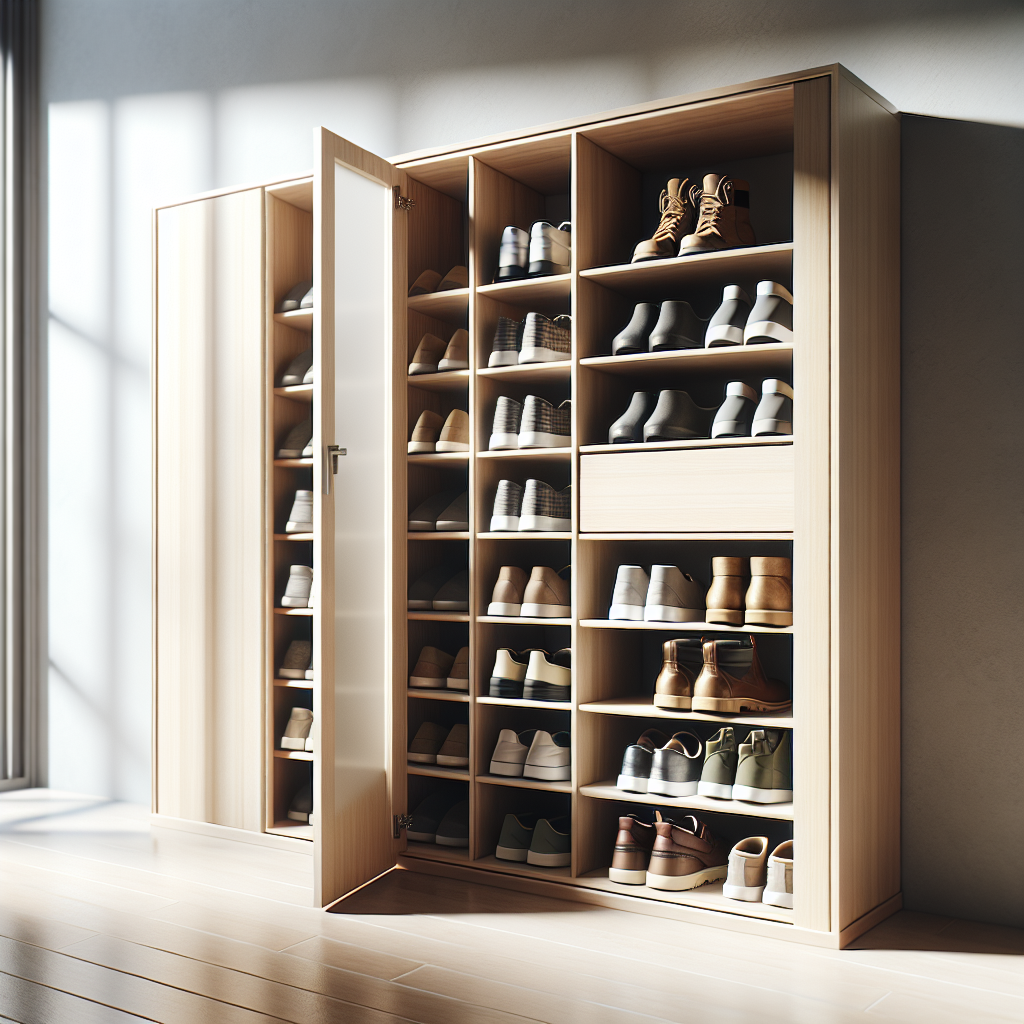 A realistic image of a shoe cabinet with doors slightly open, showcasing clean and organized storage for shoes in a modern home setting.