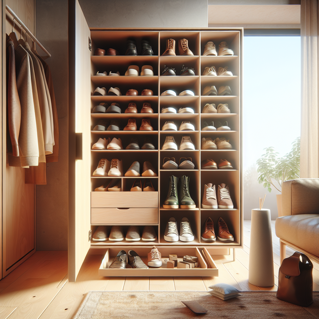 A modern shoe cabinet with open door showing shoes and odor control measures.