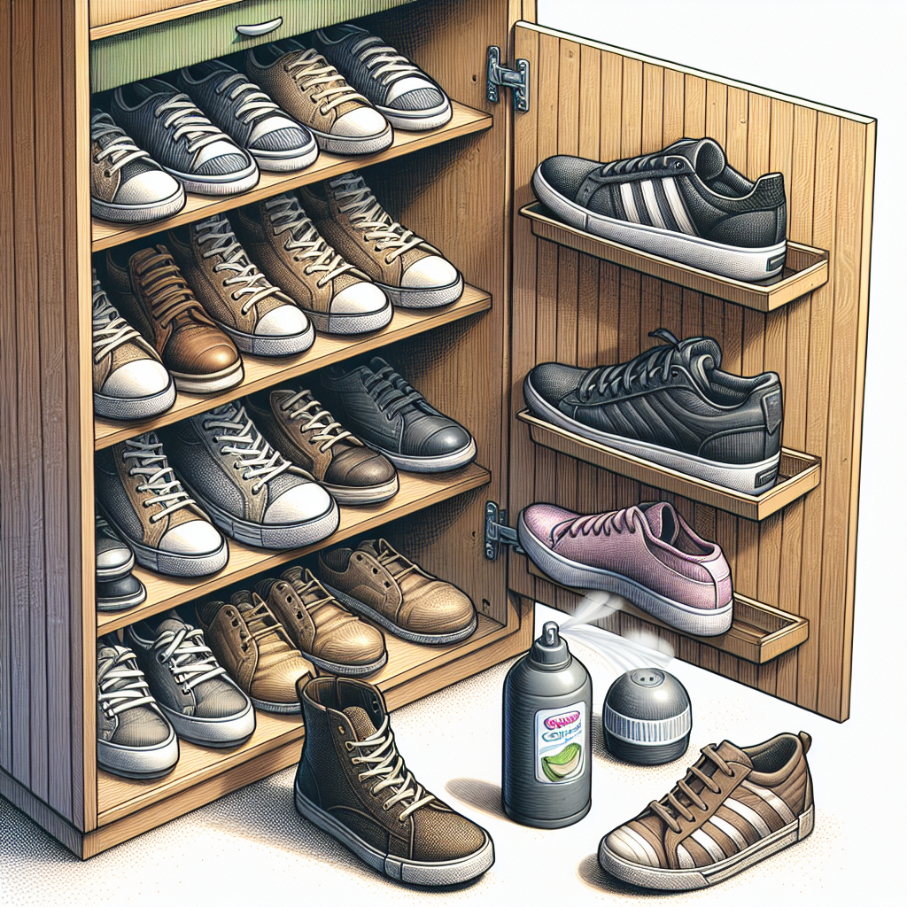 A realistic image of an open shoe cabinet with various pairs of shoes and an air freshener