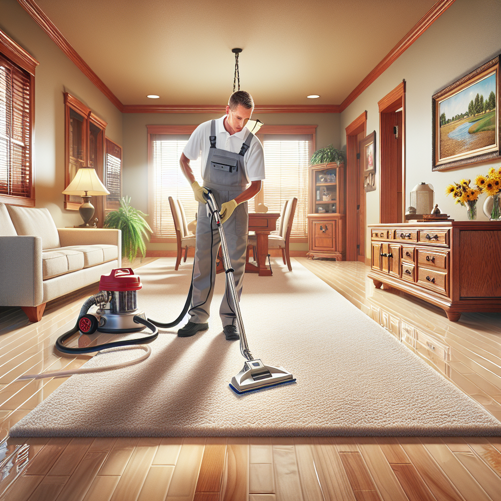 A realistic depiction of a professional carpet cleaning scene in a Nebraska home with modern cleaning equipment and a spotless carpet.