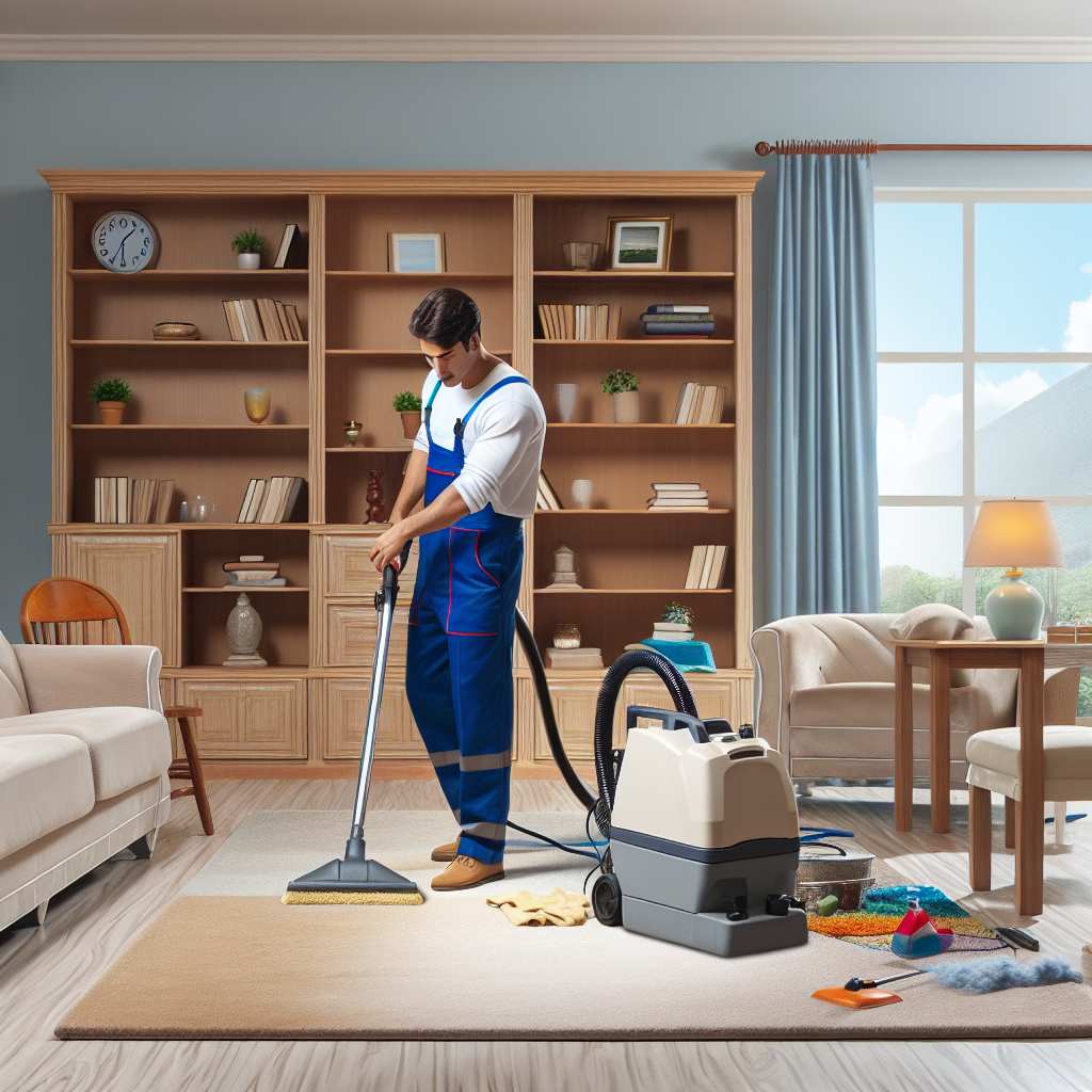 Professional carpet cleaning in a home environment with a worker using a carpet cleaning machine.