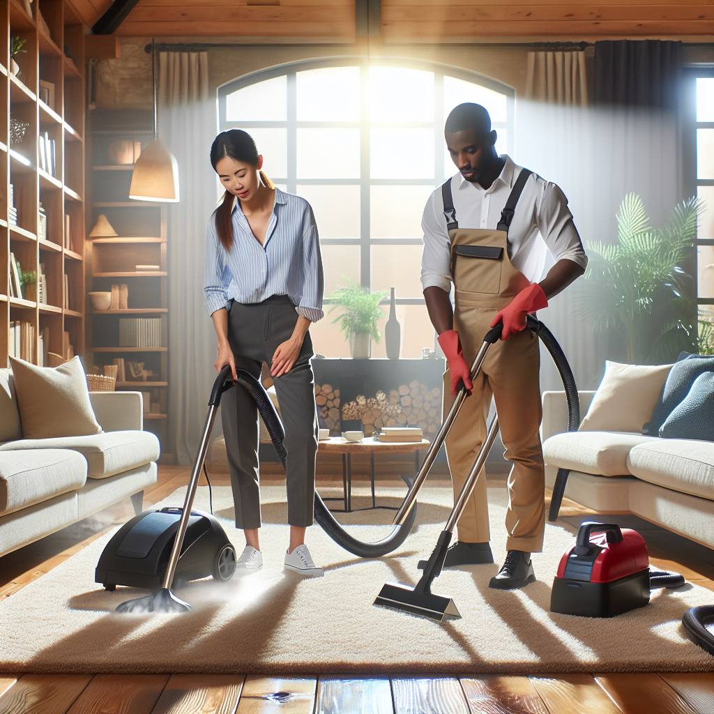 Realistic scene of professional carpet-cleaning services in a cozy living room.