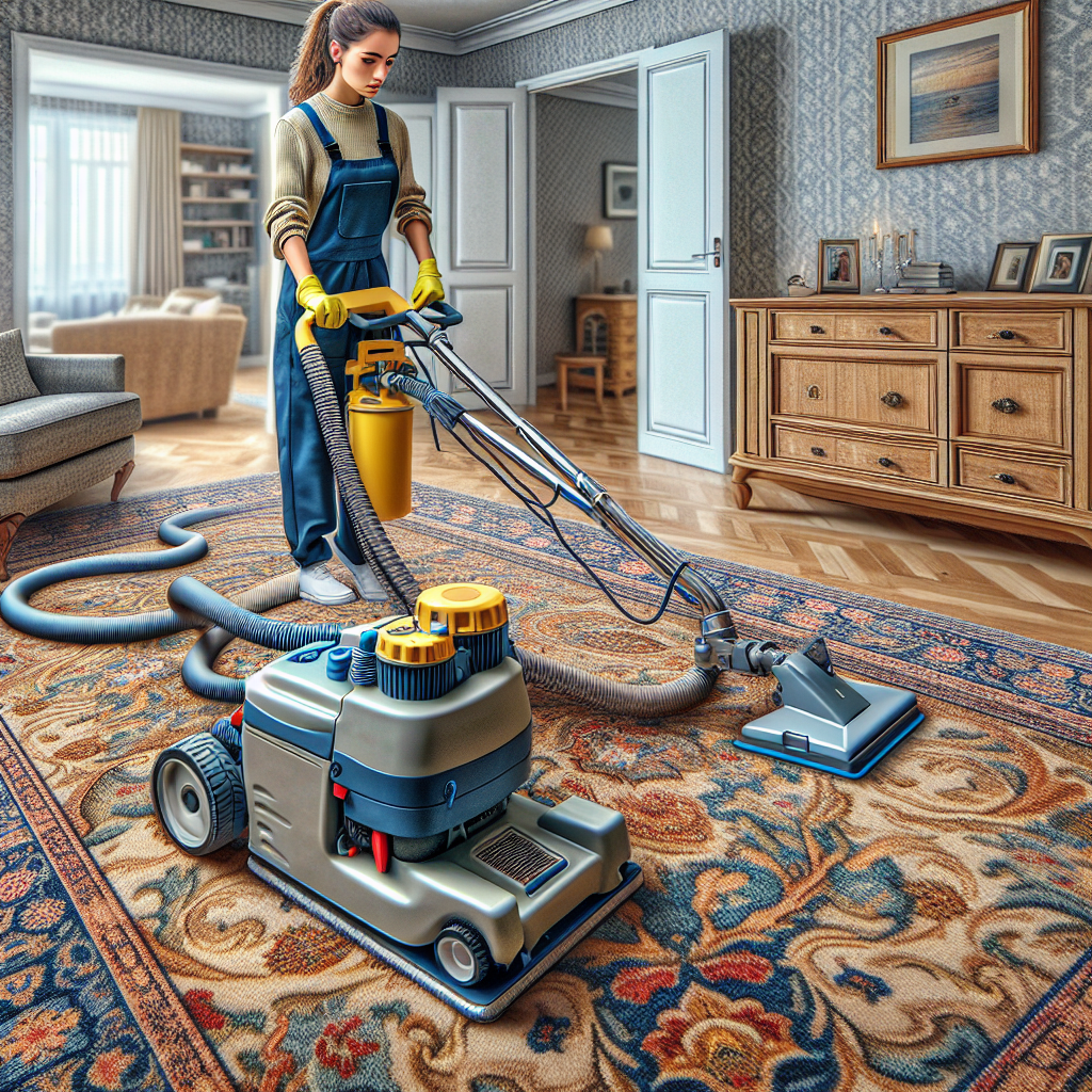 A realistic image of a professional cleaner using modern equipment for an affordable carpet cleaning service in a well-lit, tidy room.