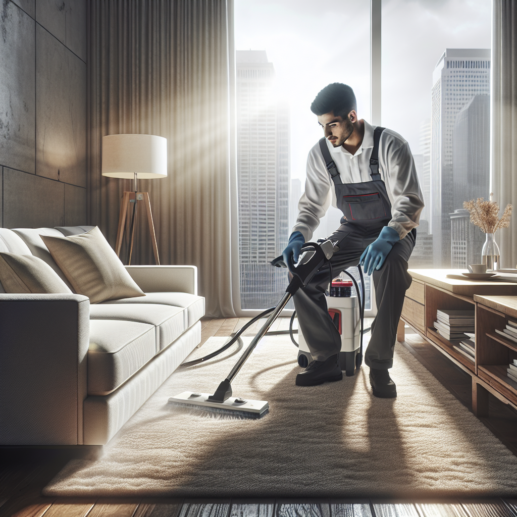 A professional cleaner in Omaha cleaning a sofa with advanced equipment in a tidy living room.