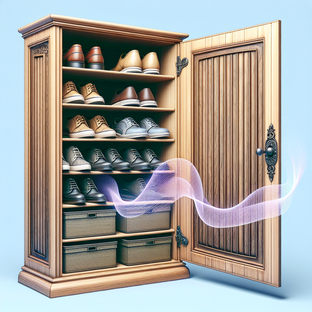 A realistic image of a shoe cabinet with an open door, showing neatly arranged shoes and a sense of cleanliness.