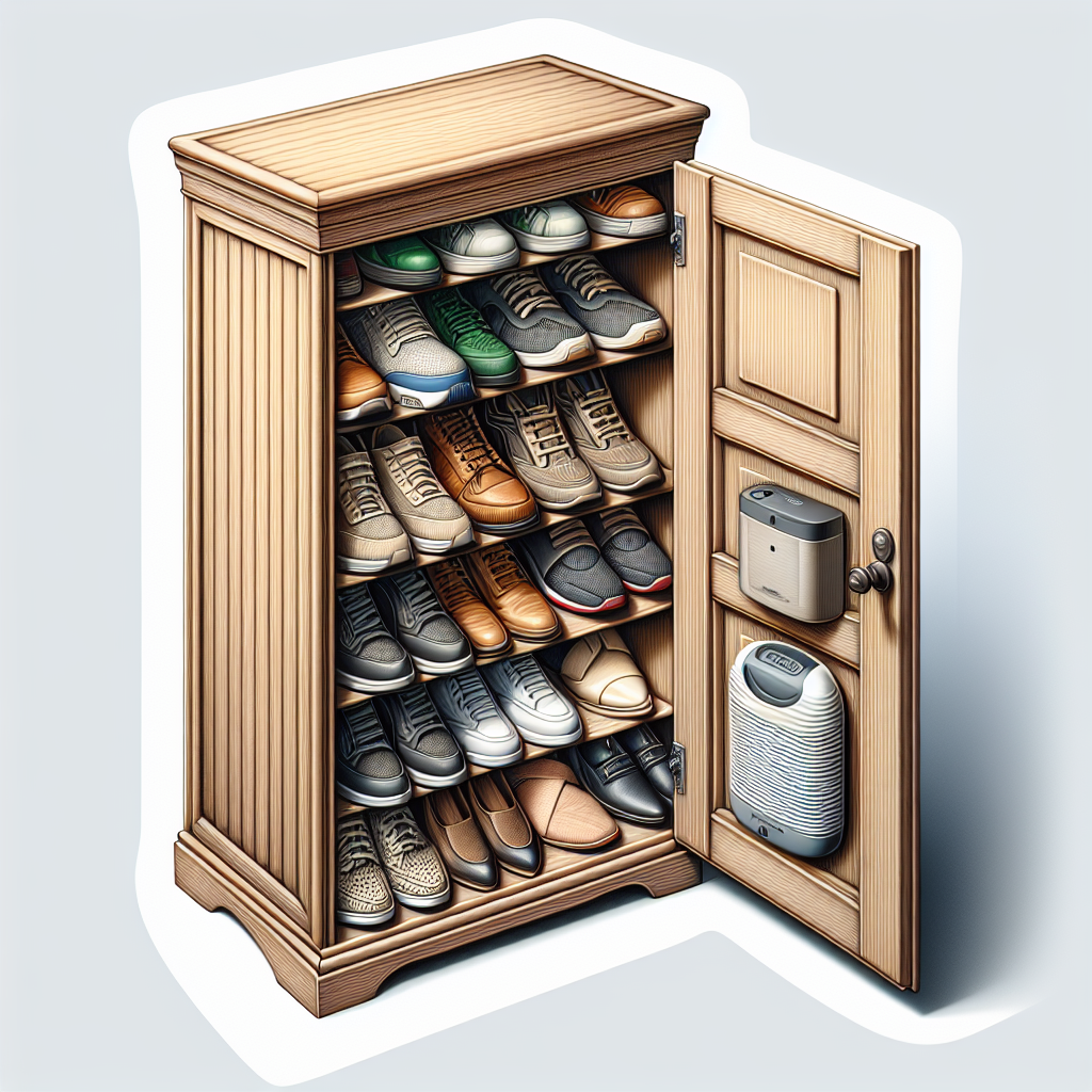 A realistic shoe cabinet with various shoes inside and a subtle air freshening device.