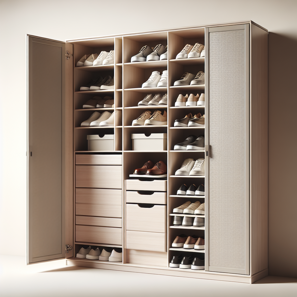 A realistic image of an open shoe cabinet with neatly organized shoes, emphasizing cleanliness and lack of odor.