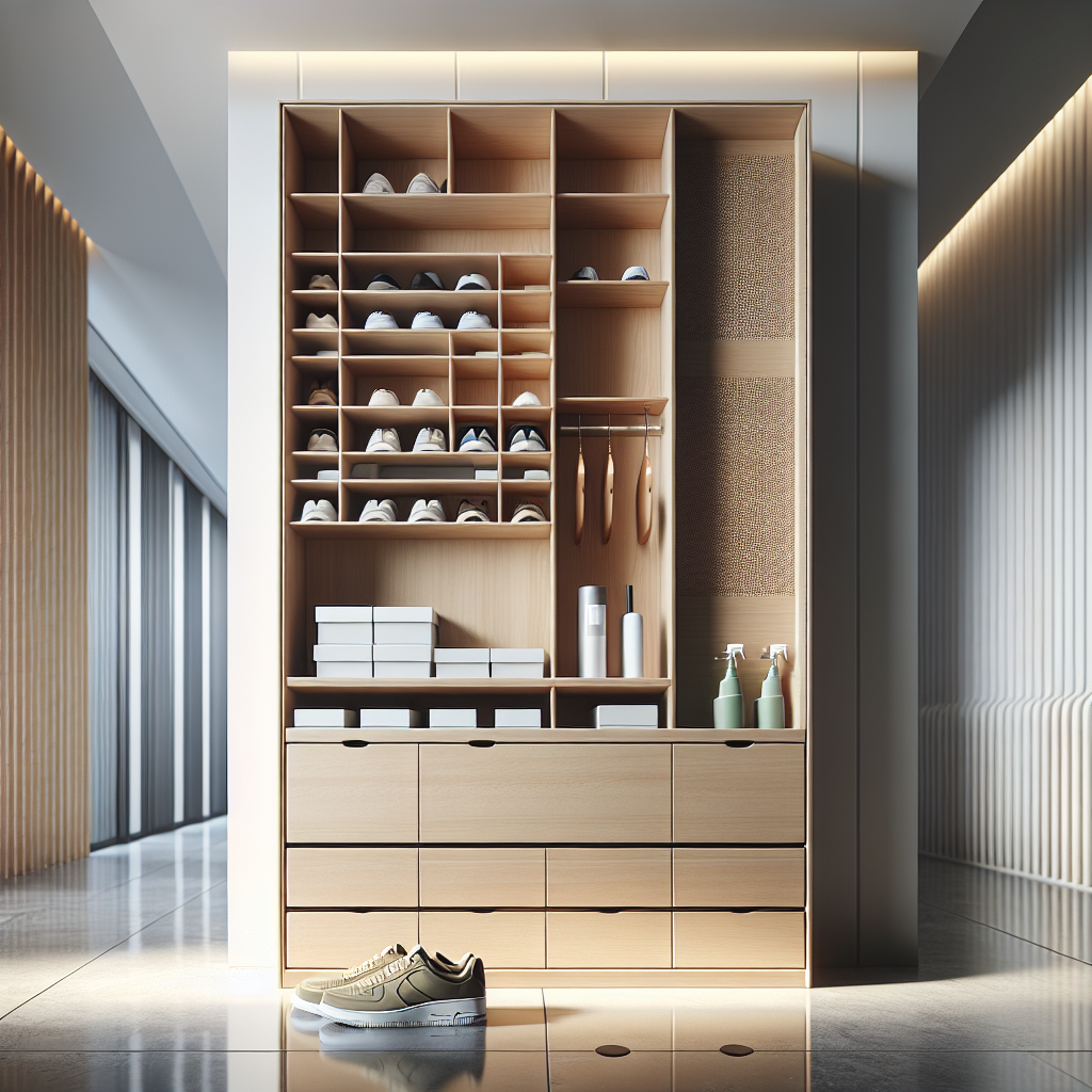 A realistic depiction of a shoe cabinet designed to reduce odour in a modern interior setting.