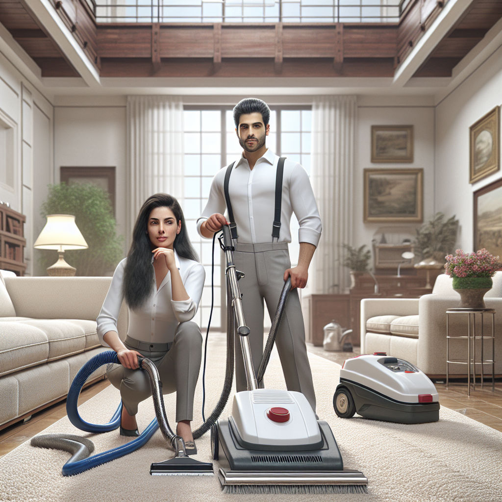 Professionals cleaning a carpet with modern equipment in a clean, tidy room.