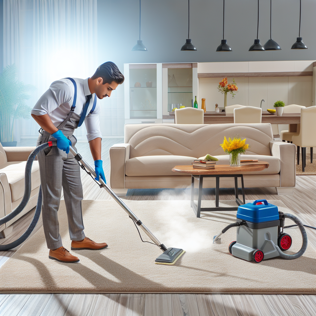 Professional carpet cleaning in a modern living room.