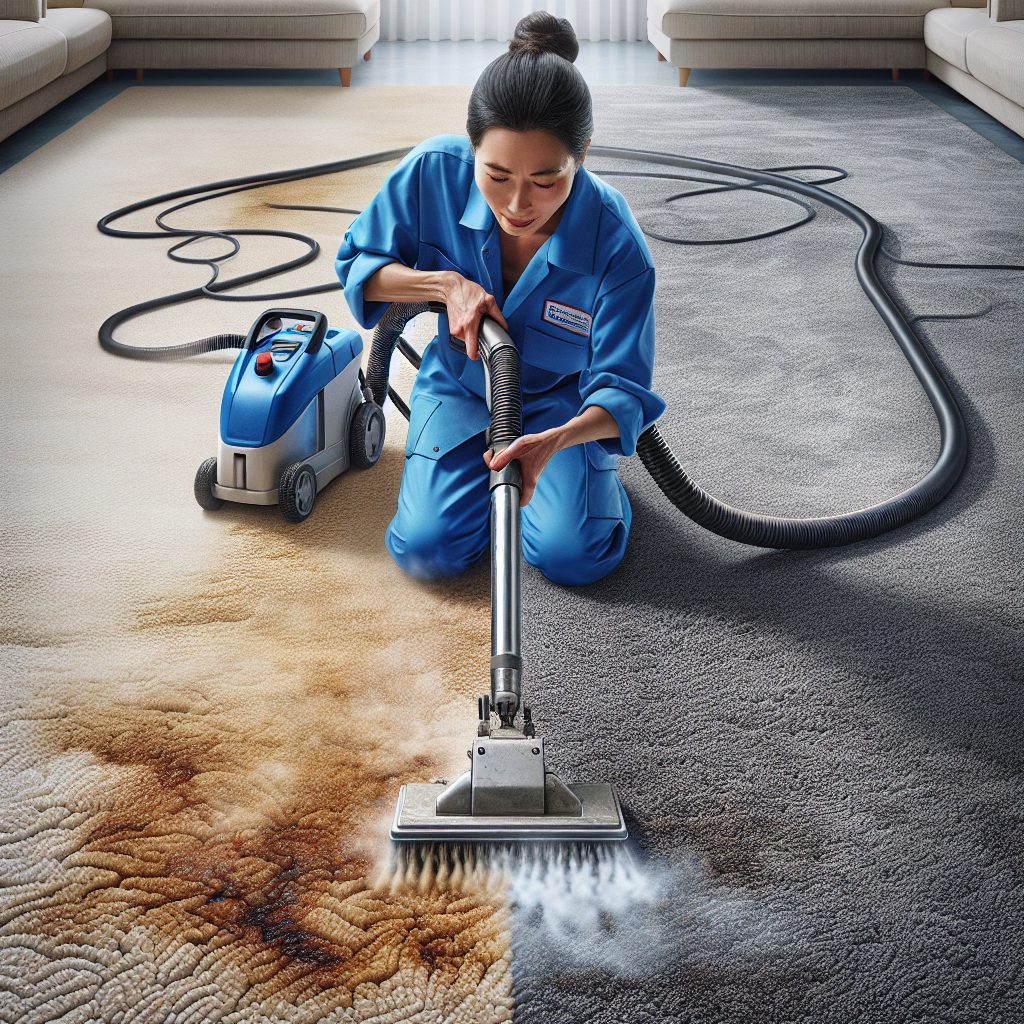 Close-up of a professional cleaner using a steam cleaner on a stained carpet.