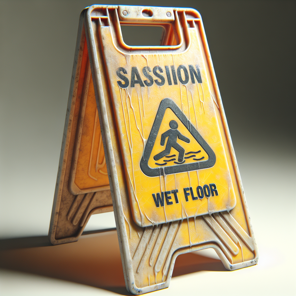 Realistic image of a used wet floor sign with wear and tear.