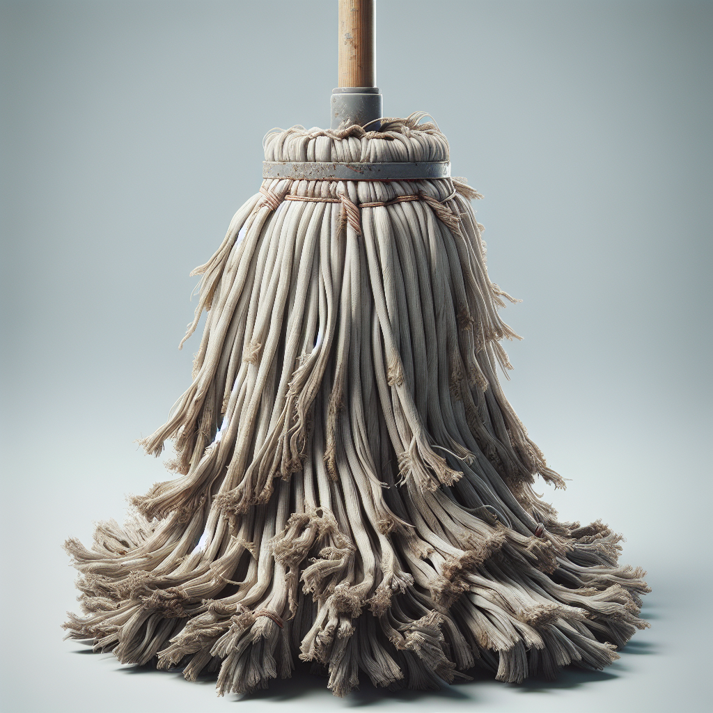 A realistic close-up of a heavily used mop with visible wear and tear.