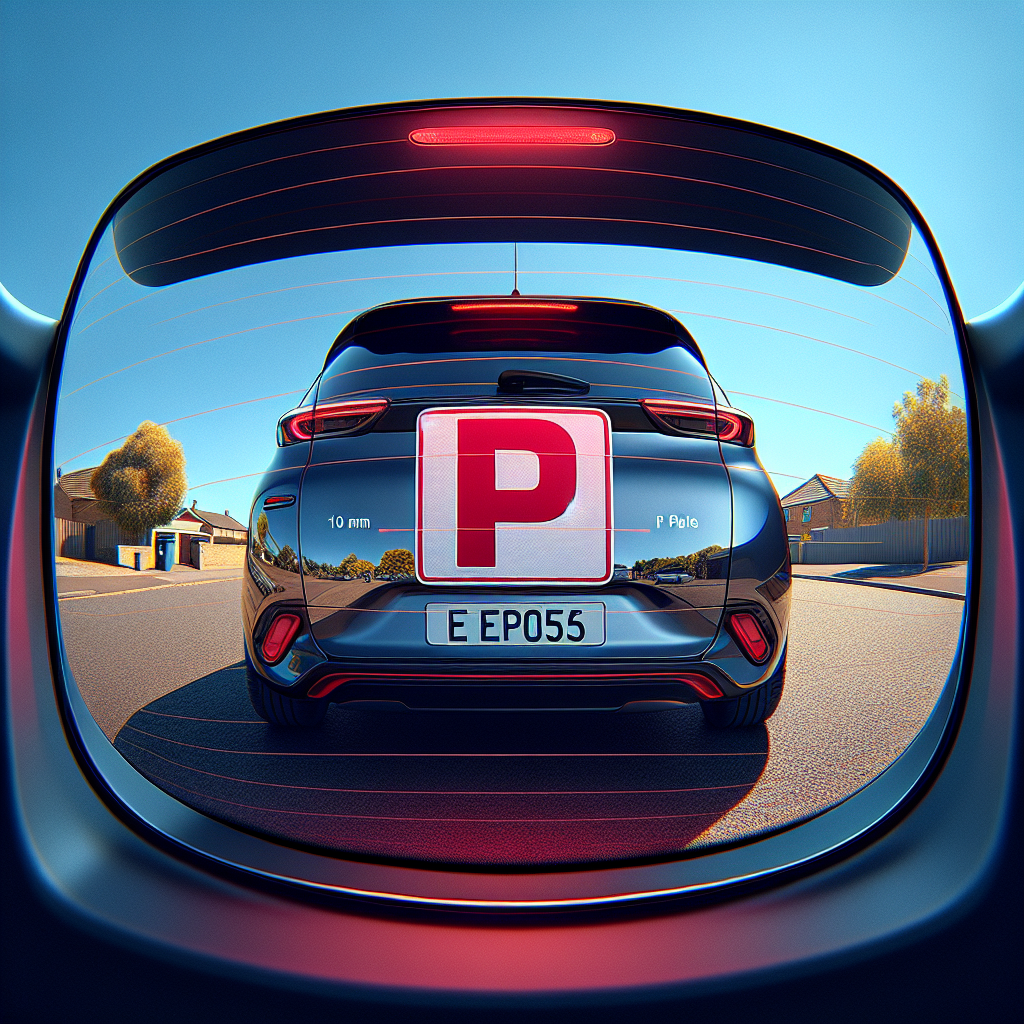 Rear view of a modern hatchback car displaying a red 'P plate' with a white letter 'P' on the rear window, correctly positioned in a suburban setting under clear daylight.