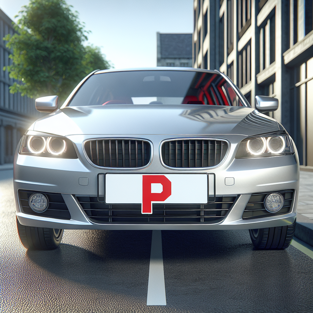 A silver car with red and white P plates properly displayed on a clear urban street, symbolizing a newly qualified driver's vehicle.