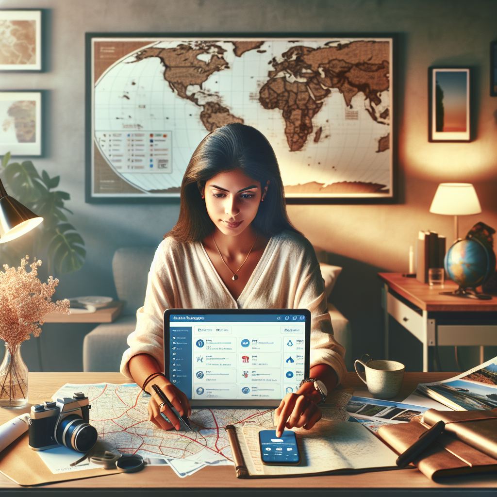 A person at a modern desk using a travel planning app on a laptop, with travel brochures, a digital camera, and a smartphone on the desk, and a world map in the background.