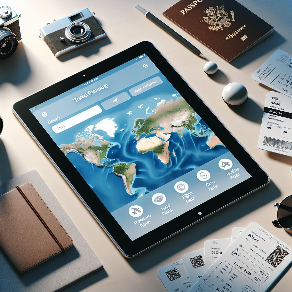 A digital tablet with a travel planning app on a desk surrounded by a passport, tickets, a camera, and sunglasses in natural light.