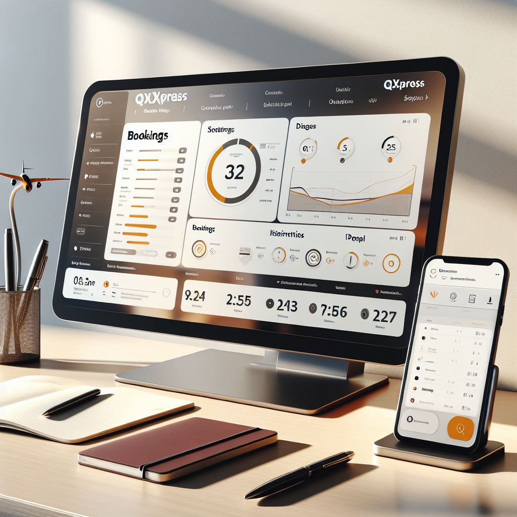 A modern desk setup with a digital interface showing the dashboard of the QXpress travel management tool, surrounded by a smartphone, pen, and notebook in a warmly lit setting.