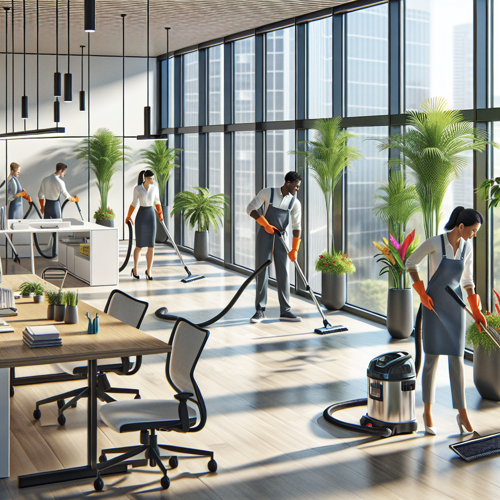 Professional cleaning team working in a modern office space, using eco-friendly cleaning products.