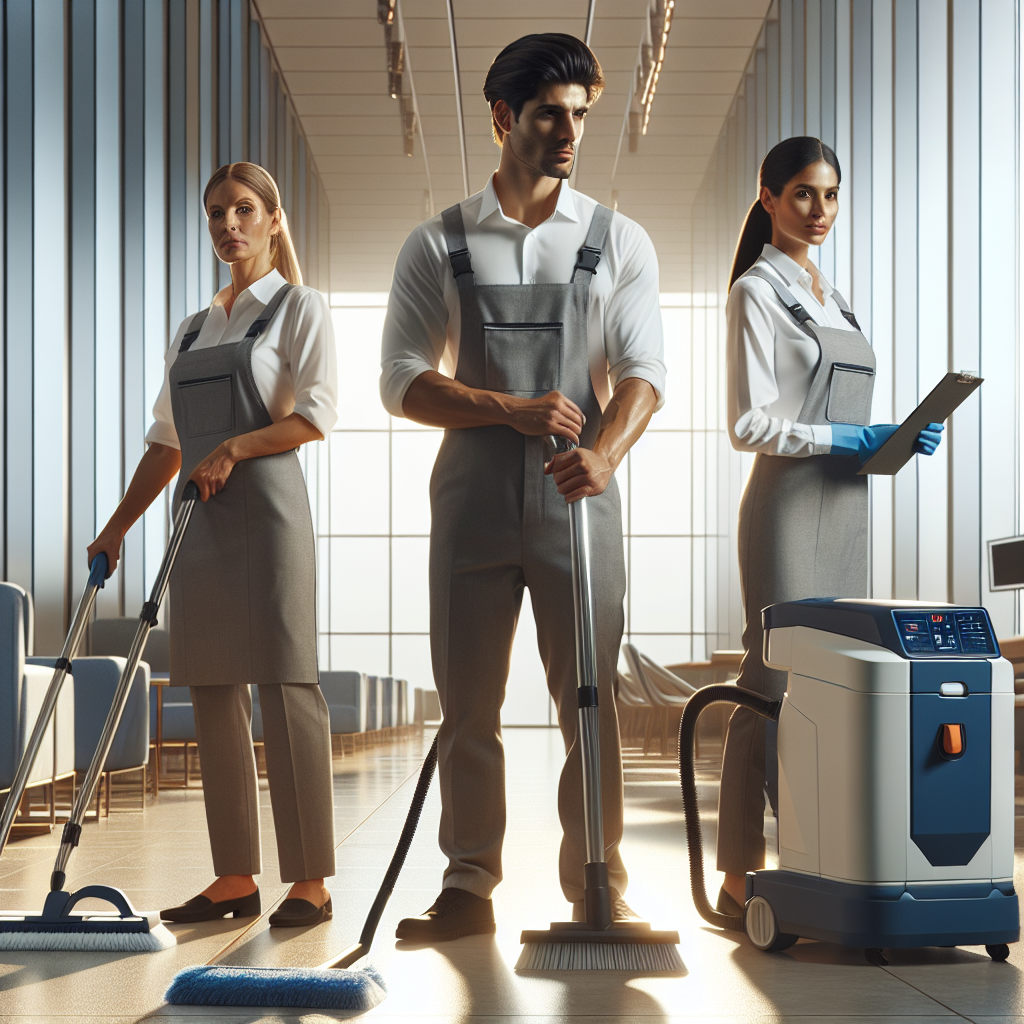 Professional cleaning crew working in a modern commercial space with eco-friendly equipment.