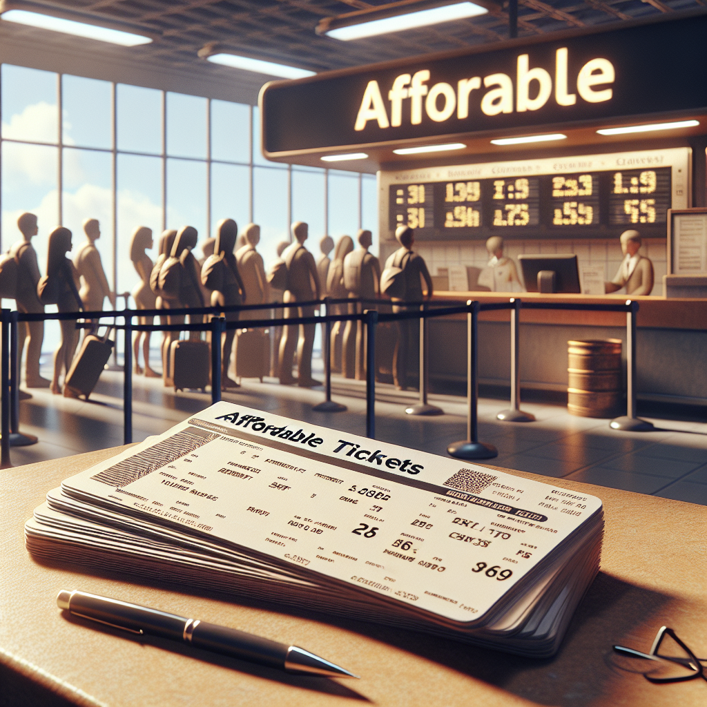 A realistic depiction of affordable airline tickets at an airport ticket counter.