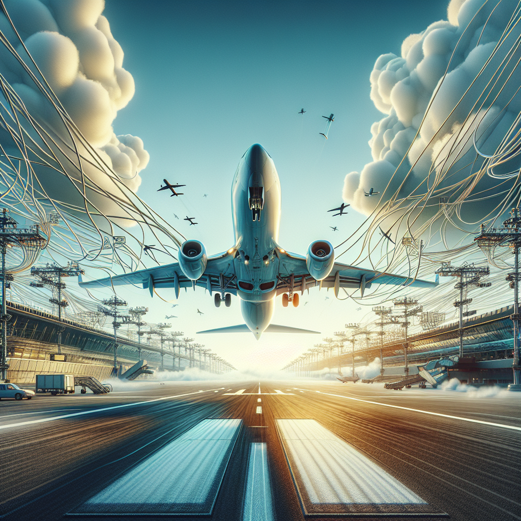 An airplane taking off from an airport runway, showcasing a modern, realistic depiction of the aircraft, the runway, and airport infrastructure.