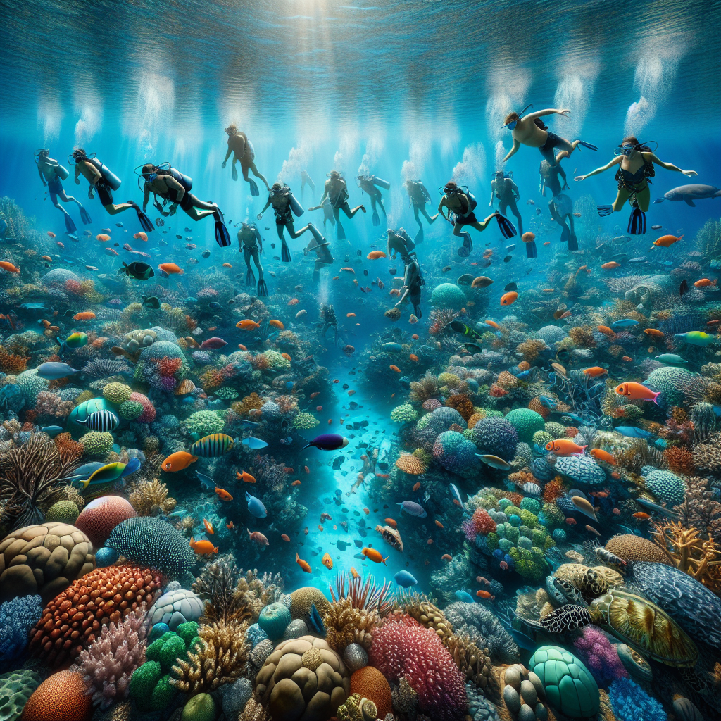 Divers snorkeling among vibrant coral reefs in the Bahamas, with colorful fish and sea turtles.