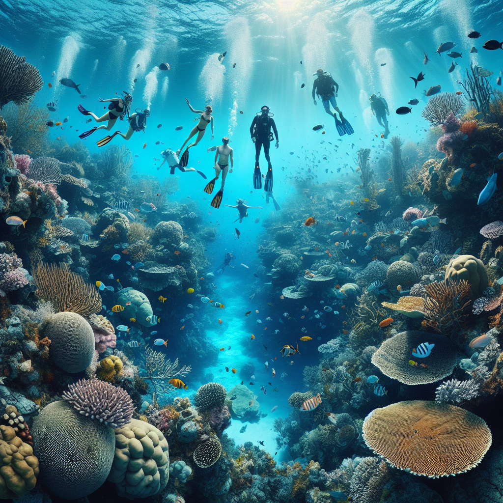 A realistic image of snorkeling in the Bahamas with colorful marine life and coral reefs.