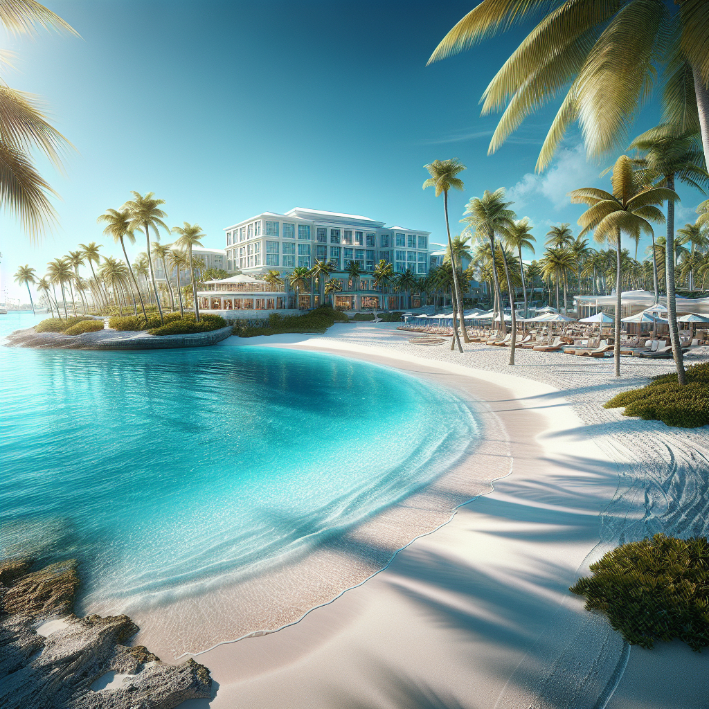 A pristine beach in the Bahamas with a luxurious hotel in the background.