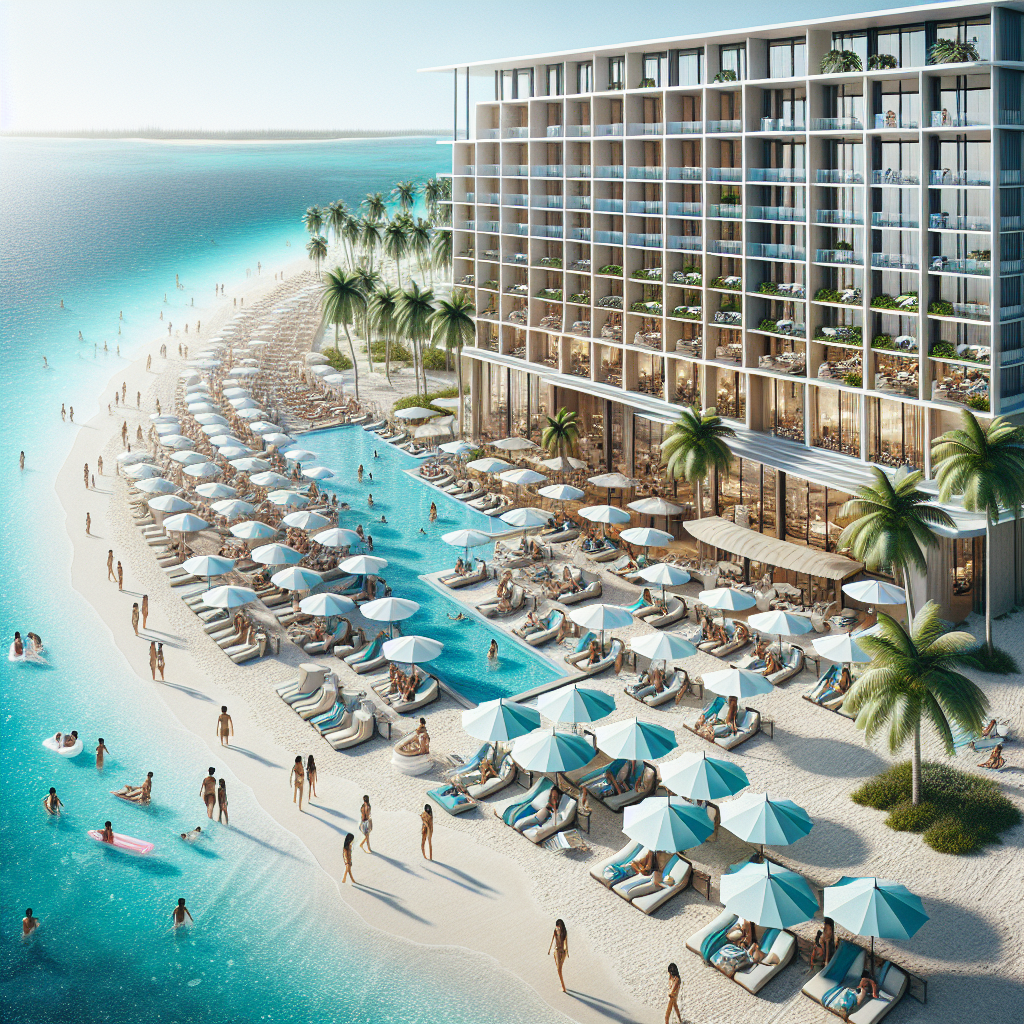 A realistic depiction of a luxurious beach hotel in the Bahamas, featuring white sandy beaches, turquoise waters, and tropical design elements.