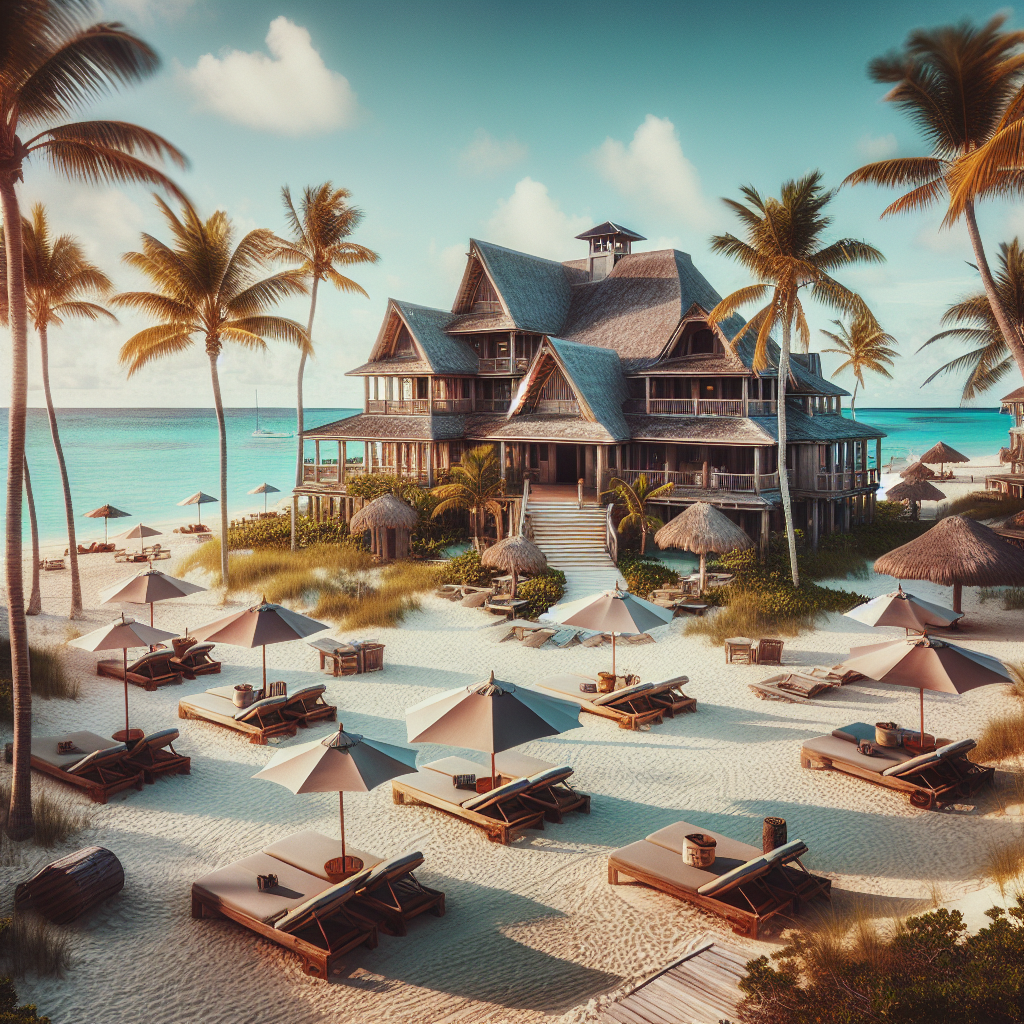 A realistic beach hotel scene in the Bahamas with palm trees, turquoise ocean, and clear sky.