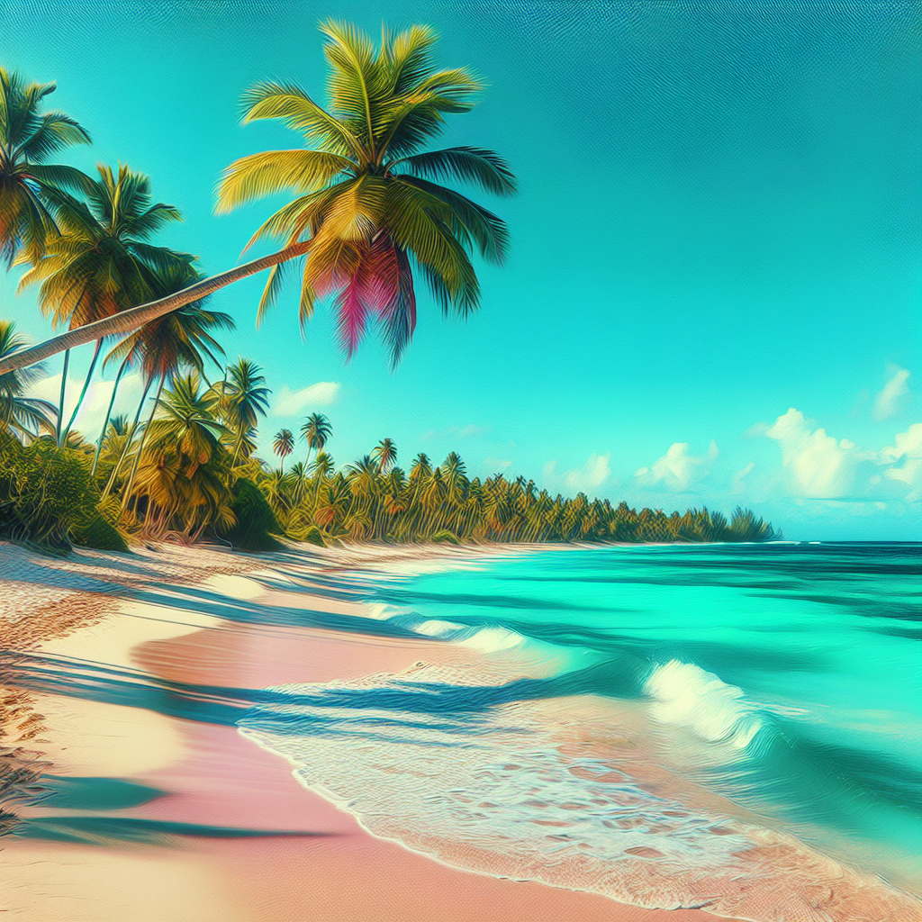 A realistic Caribbean beach with turquoise waters, sandy shoreline, and palm trees under a bright blue sky.