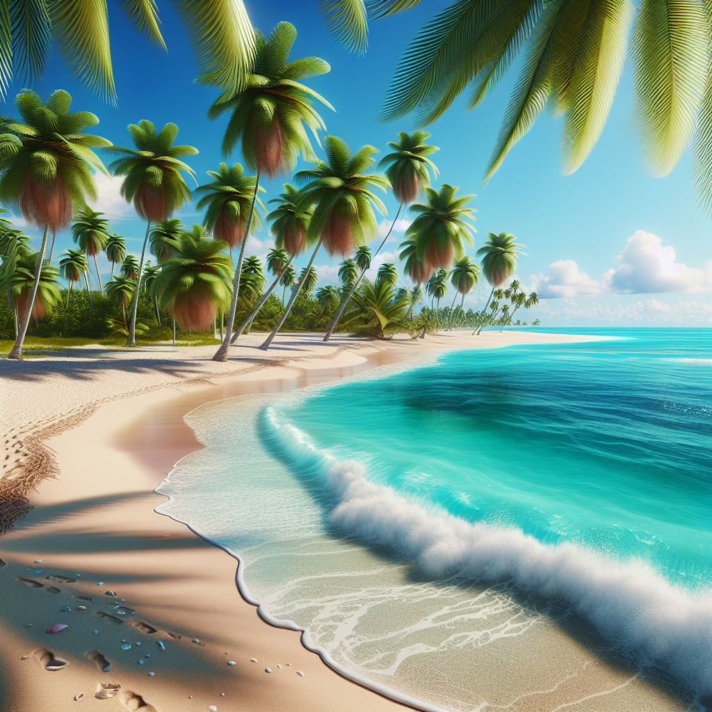 A realistic depiction of a Caribbean beach with turquoise waters, white sand, palm trees, footprints, waves, and tropical shells.