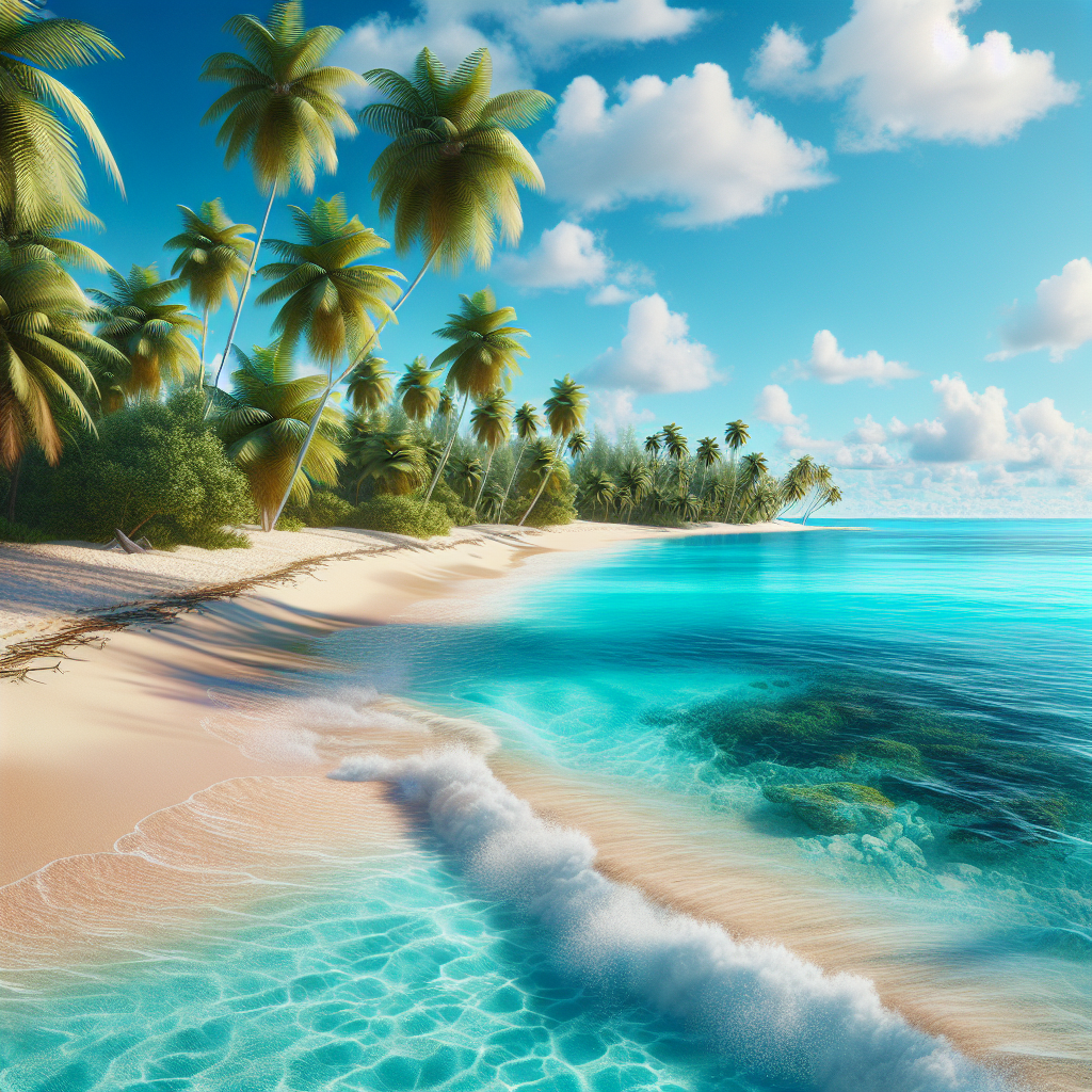 A realistic Caribbean beach scene with turquoise waters, white sandy beaches, palm trees, and a clear blue sky.