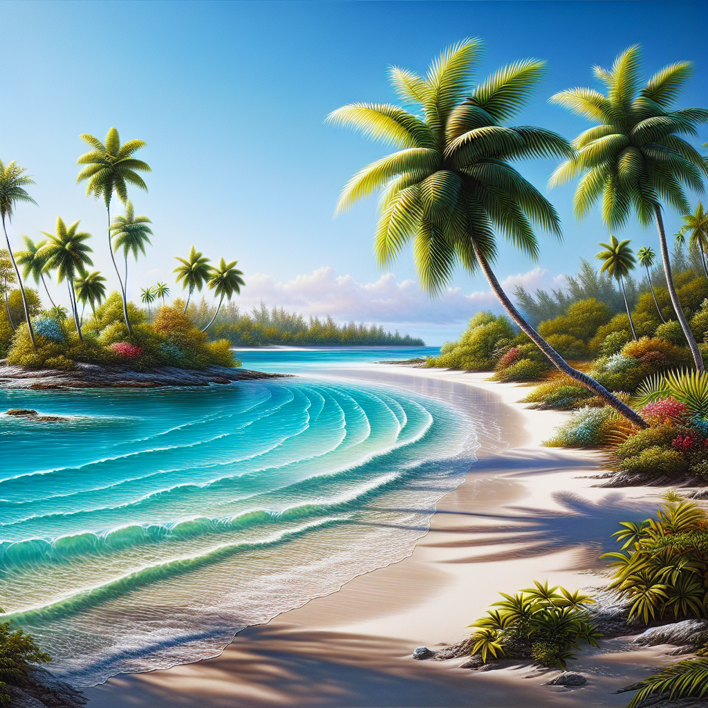 A hyper-realistic image of a Caribbean beach with turquoise water, white sand, palm trees, and a clear, blue sky.