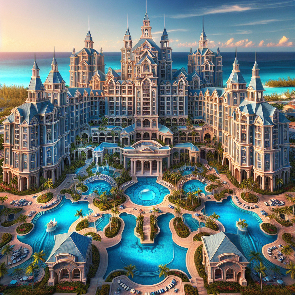 A realistic image of the Atlantis Hotel in the Bahamas showcasing its architectural elegance and tropical surroundings.