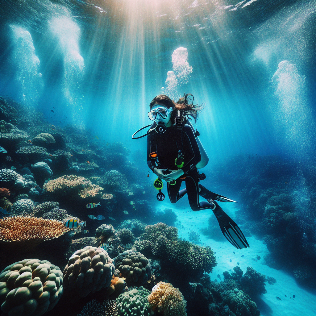 A scuba diver exploring a colorful coral reef underwater.